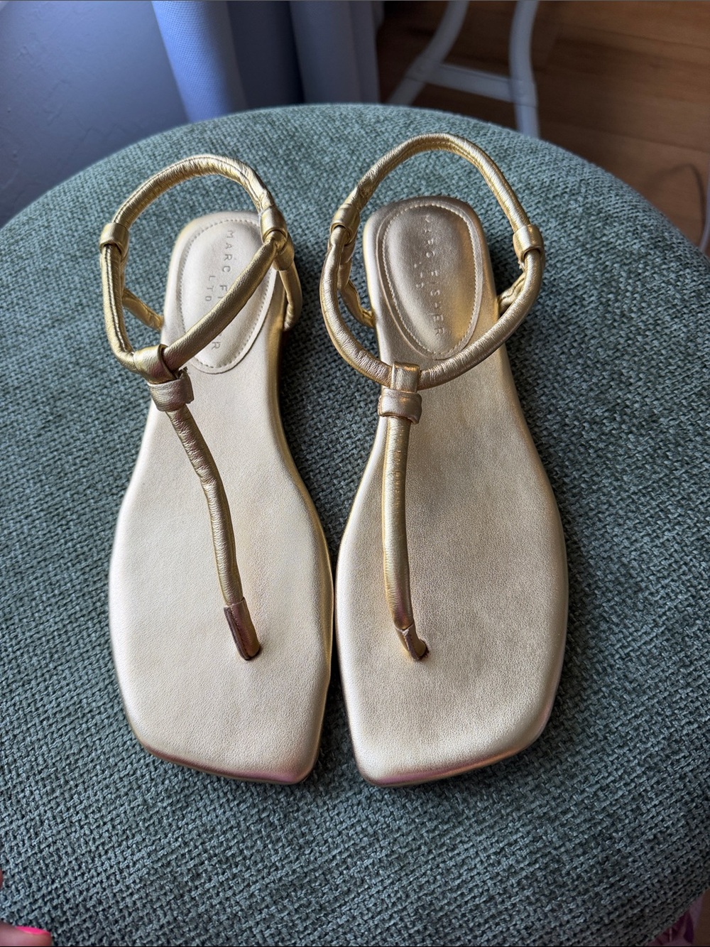 Marc Fisher Gold T-Strap Square-Toe Slingback Sandals